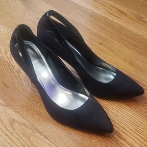 Black velvet and leather heels